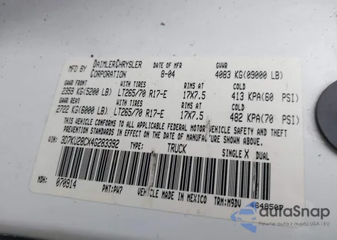 2004 Dodge Ram 2500 Slt/Laramie z USA, uszkodzony, nr VIN 3D7KU28CX4G283392